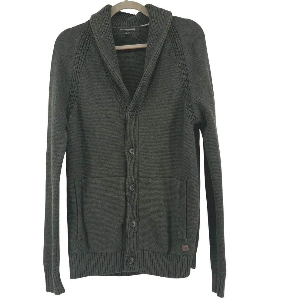 Banana Republic Cotton Cardigan Mens M Green Fisherman Dark Academia Preppy